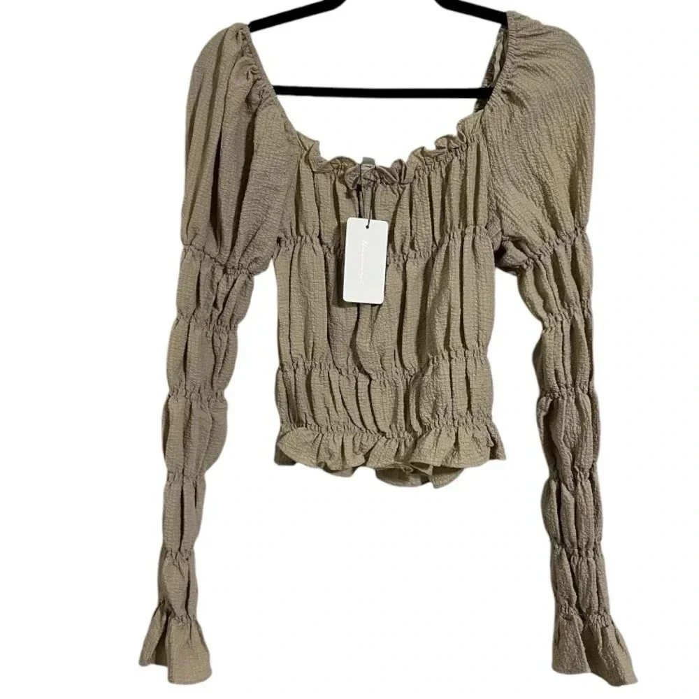 Line & Dot Rayon Blend Pippa Smocked Top Tan/Khaki NWT